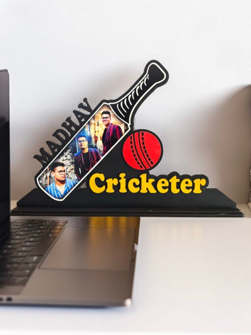 Personalized Cricket-Themed Wooden Photo Stand – Custom Name & Pictures