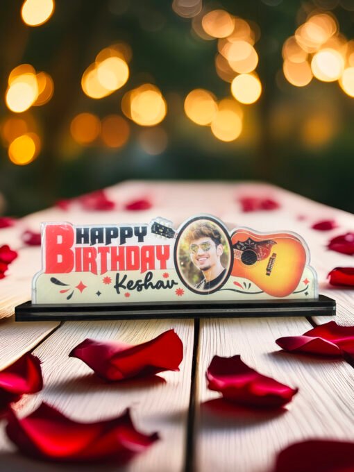 Happy Birthday Guitar-Themed Wooden Photo Frame – Personalized Name & Picture