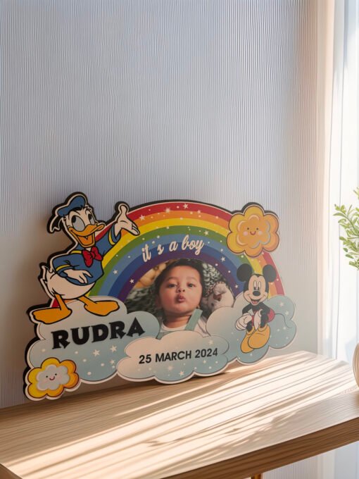 Personalized Baby Boy Birth Announcement Photo Frame – Rainbow Theme with Mickey & Donald - Image 2