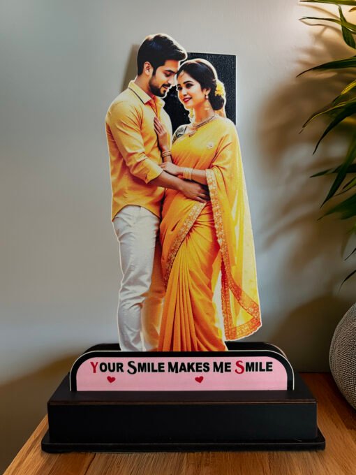 "Romantic Couple Photo Stand – ‘Your Smile Makes Me Smile’ Wooden Table Decor"