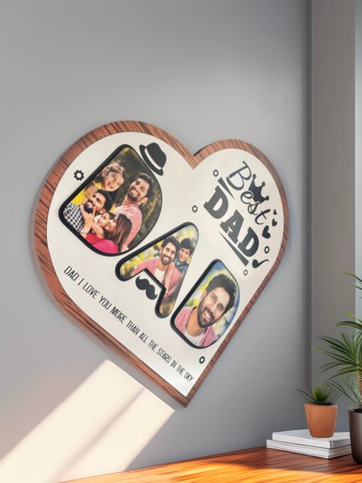 Best Dad Heart-Shaped Wooden Photo Frame – Personalized Photo Collage Gift - Image 2