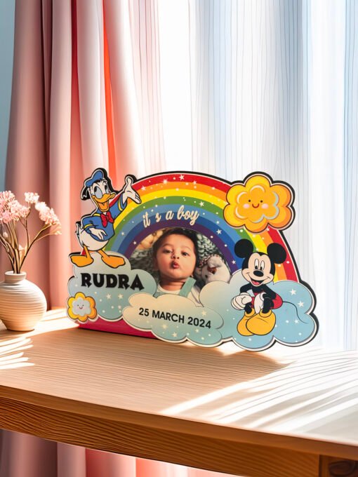 Personalized Baby Boy Birth Announcement Photo Frame – Rainbow Theme with Mickey & Donald - Image 3