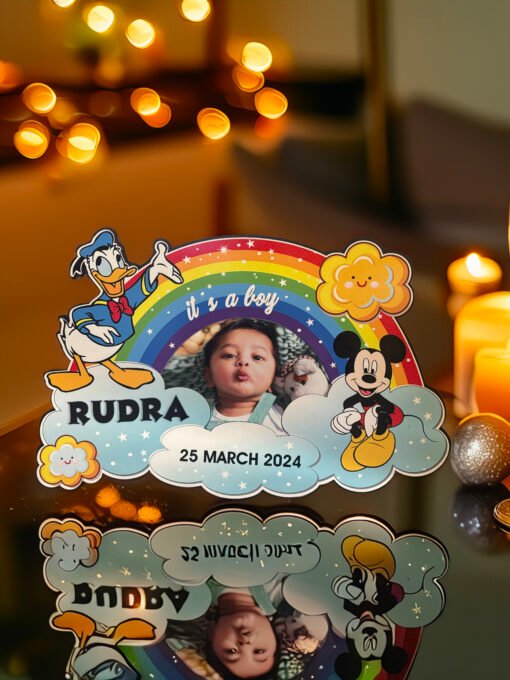 Personalized Baby Boy Birth Announcement Photo Frame – Rainbow Theme with Mickey & Donald