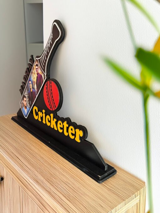 Personalized Cricket-Themed Wooden Photo Stand – Custom Name & Pictures - Image 3