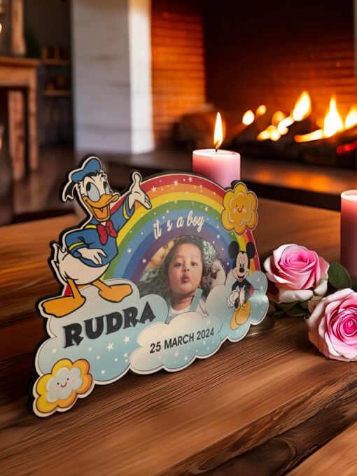 Personalized Baby Boy Birth Announcement Photo Frame – Rainbow Theme with Mickey & Donald - Image 5