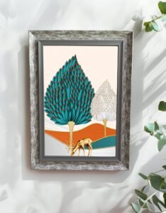 Premium Golden Deer & Artistic Trees Wall Art – Grey Rustic Frame
