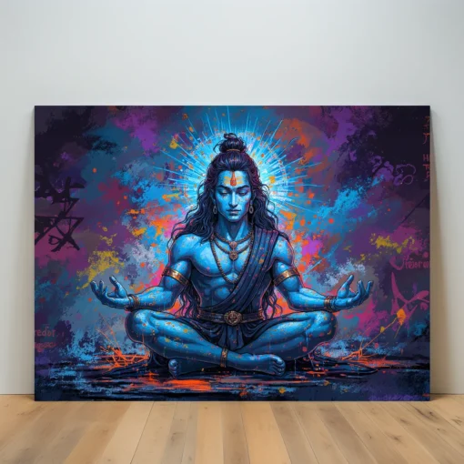 Lord Shiva Meditation Wall Art | Colorful Abstract Canvas Painting for Home & Living Room Decor (All Sizes Available)