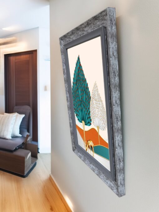 Premium Golden Deer & Artistic Trees Wall Art – Grey Rustic Frame - Image 3