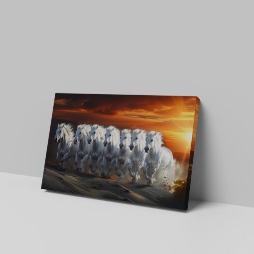 Majestic White 7 Horses Sunset Gallop Canvas Abstract Art - Image 3