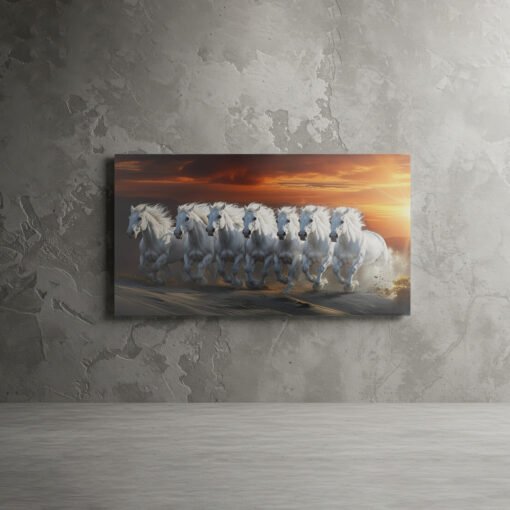 Majestic White 7 Horses Sunset Gallop Canvas Abstract Art - Image 5