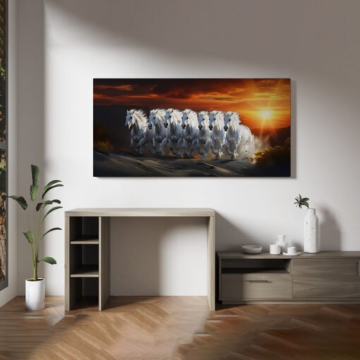 Majestic White 7 Horses Sunset Gallop Canvas Abstract Art - Image 2