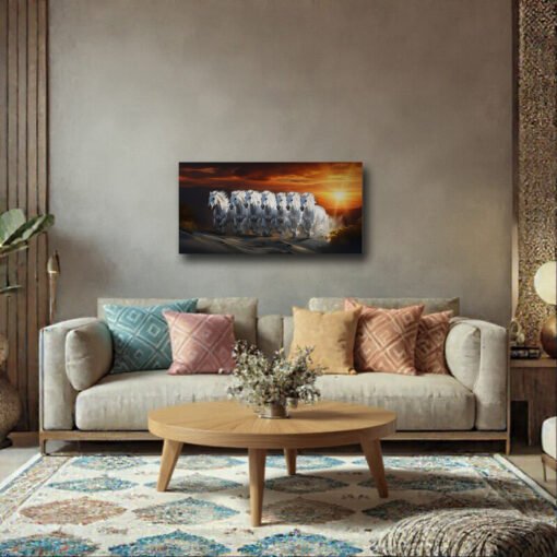 Majestic White 7 Horses Sunset Gallop Canvas Abstract Art - Image 9