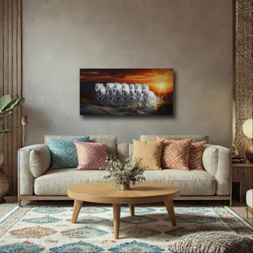 Majestic White 7 Horses Sunset Gallop Canvas Abstract Art - Image 8