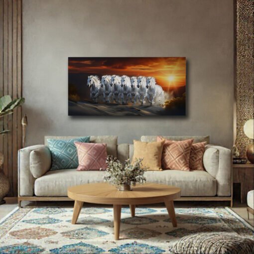 Majestic White 7 Horses Sunset Gallop Canvas Abstract Art - Image 7