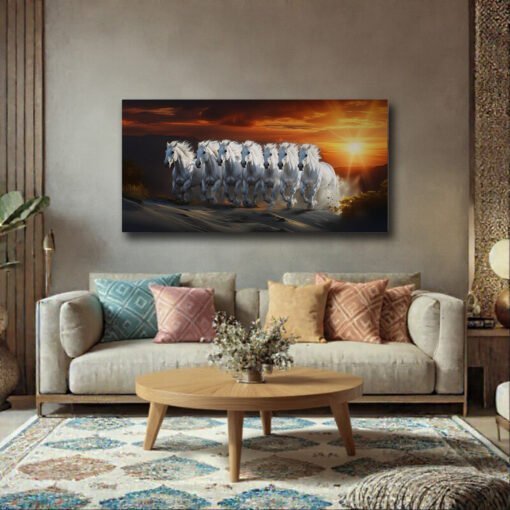 Majestic White 7 Horses Sunset Gallop Canvas Abstract Art - Image 6