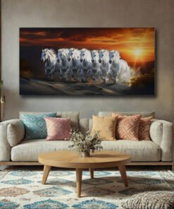 Majestic White 7 Horses Sunset Gallop Canvas Abstract Art