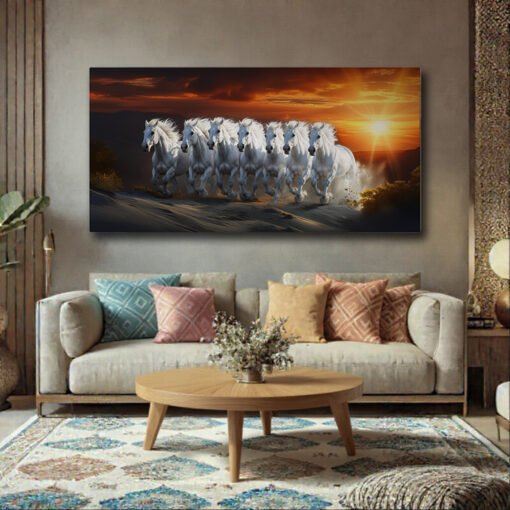 Majestic White 7 Horses Sunset Gallop Canvas Abstract Art