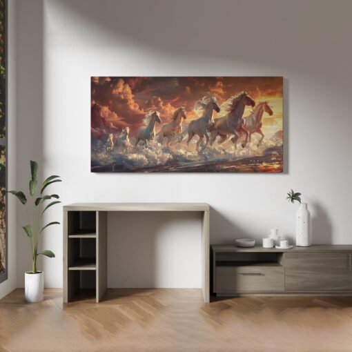 Majestic White 7 Horses Thunderous Charge Canvas Abstract Art - Image 3