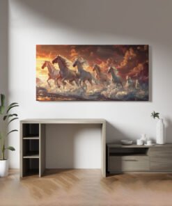 Alternative view of Fiery Red 7 Horses Sunset Canvas Abstract Wall Art