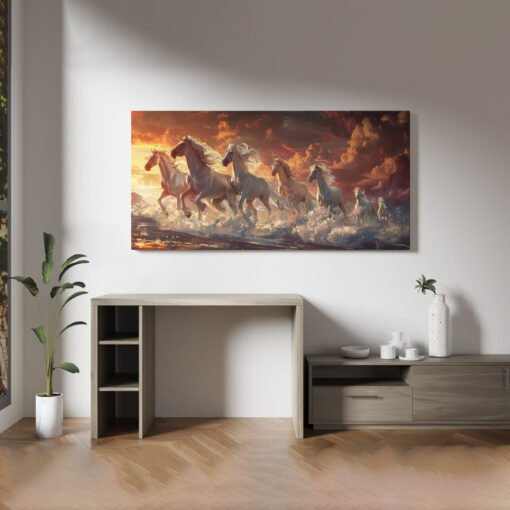 Fiery Red 7 Horses Sunset Canvas Abstract Wall Art - Image 2
