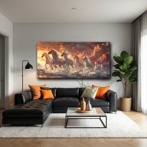 Fiery Red 7 Horses Sunset Canvas Abstract Wall Art - Image 3