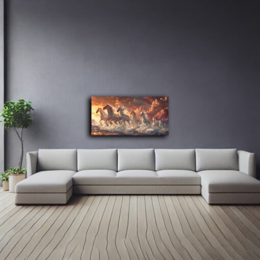 Fiery Red 7 Horses Sunset Canvas Abstract Wall Art - Image 7
