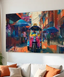 Colorful Tuk-Tuk Street Wall Art | Indian Auto Rickshaw Canvas Painting | Modern Living Room Wall Decor (All Sizes Available)