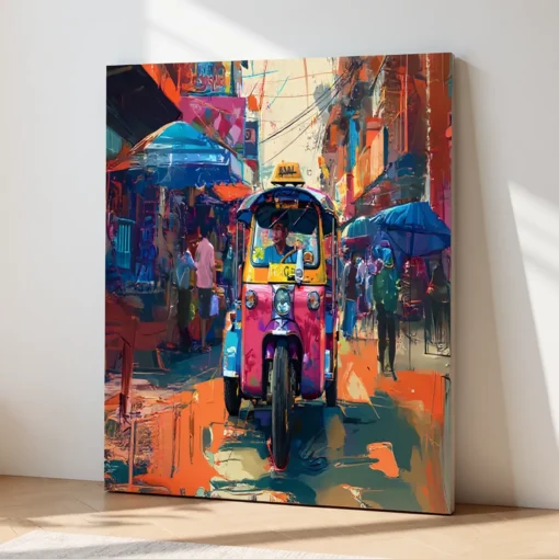 Colorful Tuk-Tuk Street Wall Art | Indian Auto Rickshaw Canvas Painting | Modern Living Room Wall Decor (All Sizes Available) - Image 3