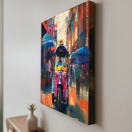 Colorful Tuk-Tuk Street Wall Art | Indian Auto Rickshaw Canvas Painting | Modern Living Room Wall Decor (All Sizes Available) - Image 2
