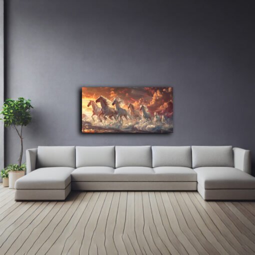 Fiery Red 7 Horses Sunset Canvas Abstract Wall Art - Image 8