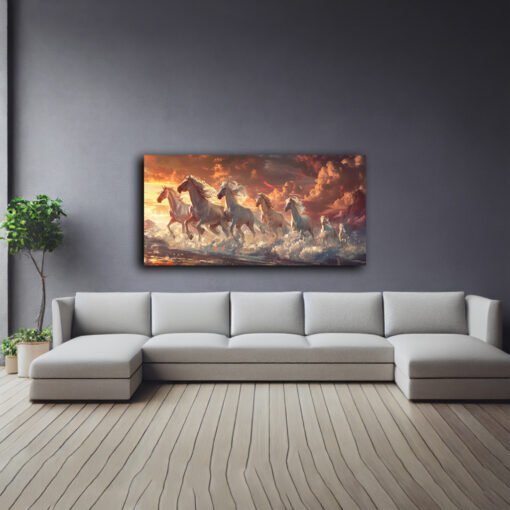 Fiery Red 7 Horses Sunset Canvas Abstract Wall Art - Image 9