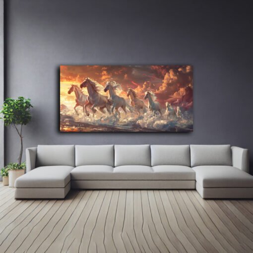 Fiery Red 7 Horses Sunset Canvas Abstract Wall Art - Image 10