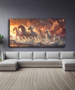 Fiery Red 7 Horses Sunset Canvas Abstract Wall Art