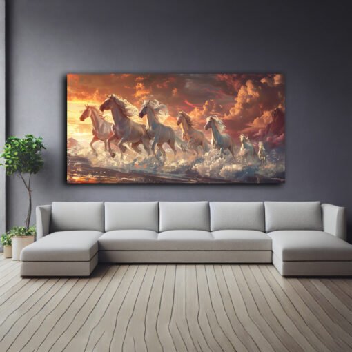 Fiery Red 7 Horses Sunset Canvas Abstract Wall Art