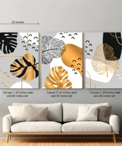 Black & Gold Leaf Abstract Canvas Wall Art – 3 Piece Set (22x30 inches each)