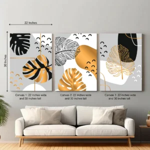 Black & Gold Leaf Abstract Canvas Wall Art – 3 Piece Set (22x30 inches each)