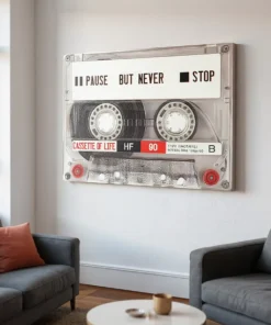 Retro Cassette Wall Art | “Pause But Never Stop” Motivational Canvas Painting (All Sizes Available)