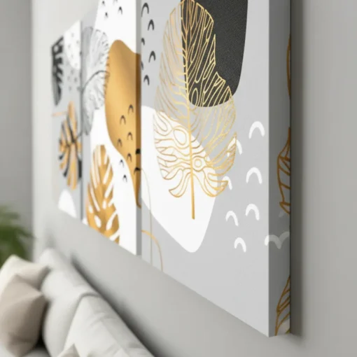 Black & Gold Leaf Abstract Canvas Wall Art – 3 Piece Set (22x30 inches each) - Image 2