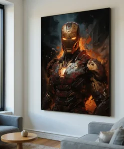 Iron Man Canvas Wall Art – Premium Superhero Poster with Fiery Battle Design