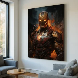 Iron Man Canvas Wall Art – Premium Superhero Poster with Fiery Battle Design