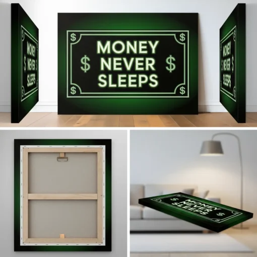 Money Never Sleeps Wall Art | Neon-Inspired Motivational Canvas Painting (All Sizes Available) - Image 4