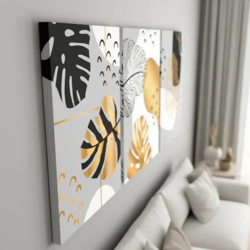 Black & Gold Leaf Abstract Canvas Wall Art – 3 Piece Set (22x30 inches each) - Image 5