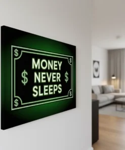Alternative view of Money Never Sleeps Wall Art | Neon-Inspired Motivational Canvas Painting (All Sizes Available)