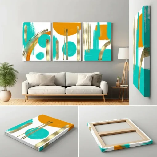 Abstract Gold & Turquoise Canvas Wall Art – 3 Piece Set (22x30 inches each) - Image 4