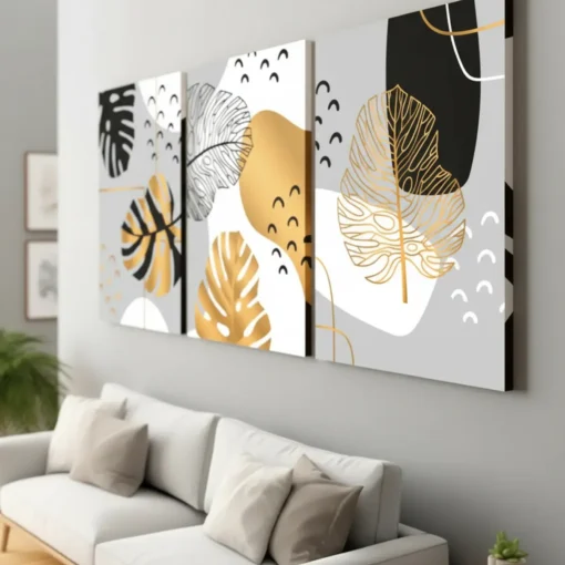Black & Gold Leaf Abstract Canvas Wall Art – 3 Piece Set (22x30 inches each) - Image 8
