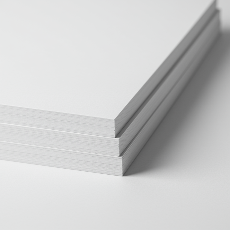 300 GSM thick premium white paper sheets stacked close up